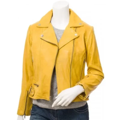 Yellow Womens Leather Biker Jacket